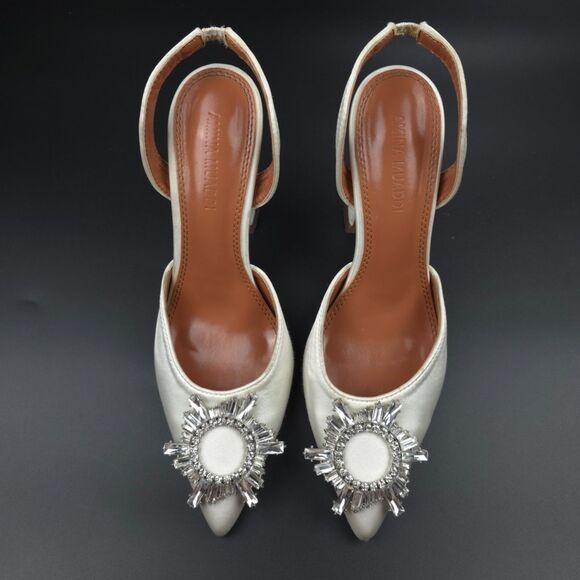 AMINA MUADDI Begum Sling 70 White Satin Swarovski Crystal Pointed Pumps 90s y2k - Picture 7 of 13